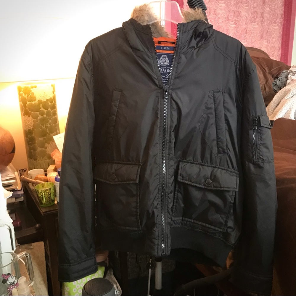 SALE!! DEAL!!﻿ American Rag Men's Black Bomber Jacket with Faux Fur Hood